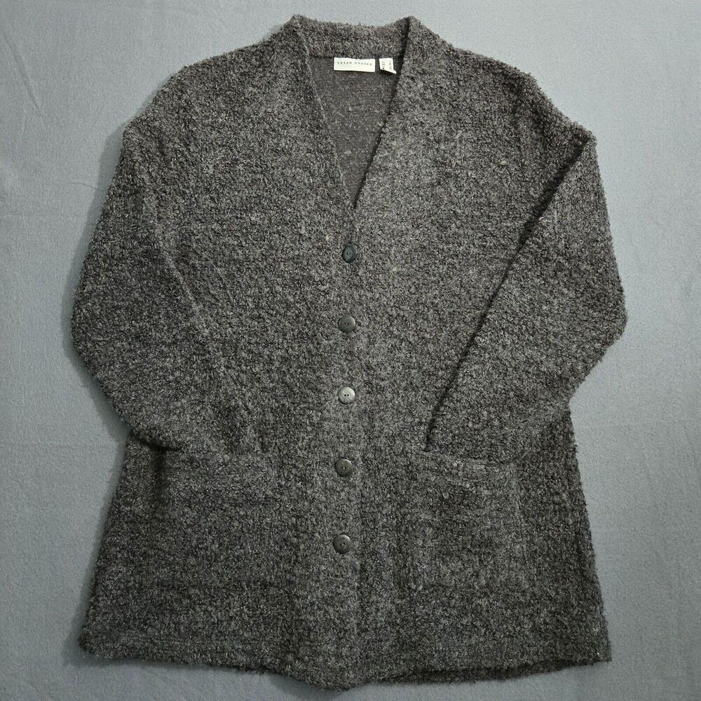 Susan Graver Women S Gray Acrylic Wool Blend Plush Button Cardigan Pockets